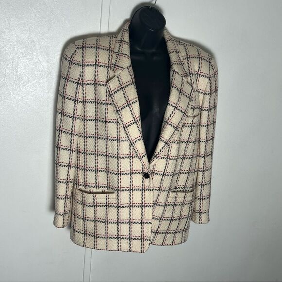 Vtg 90s Plaid Windowpane Blazer Academia Classic Ivory Navy blue Red 12 L - Picture 2 of 15